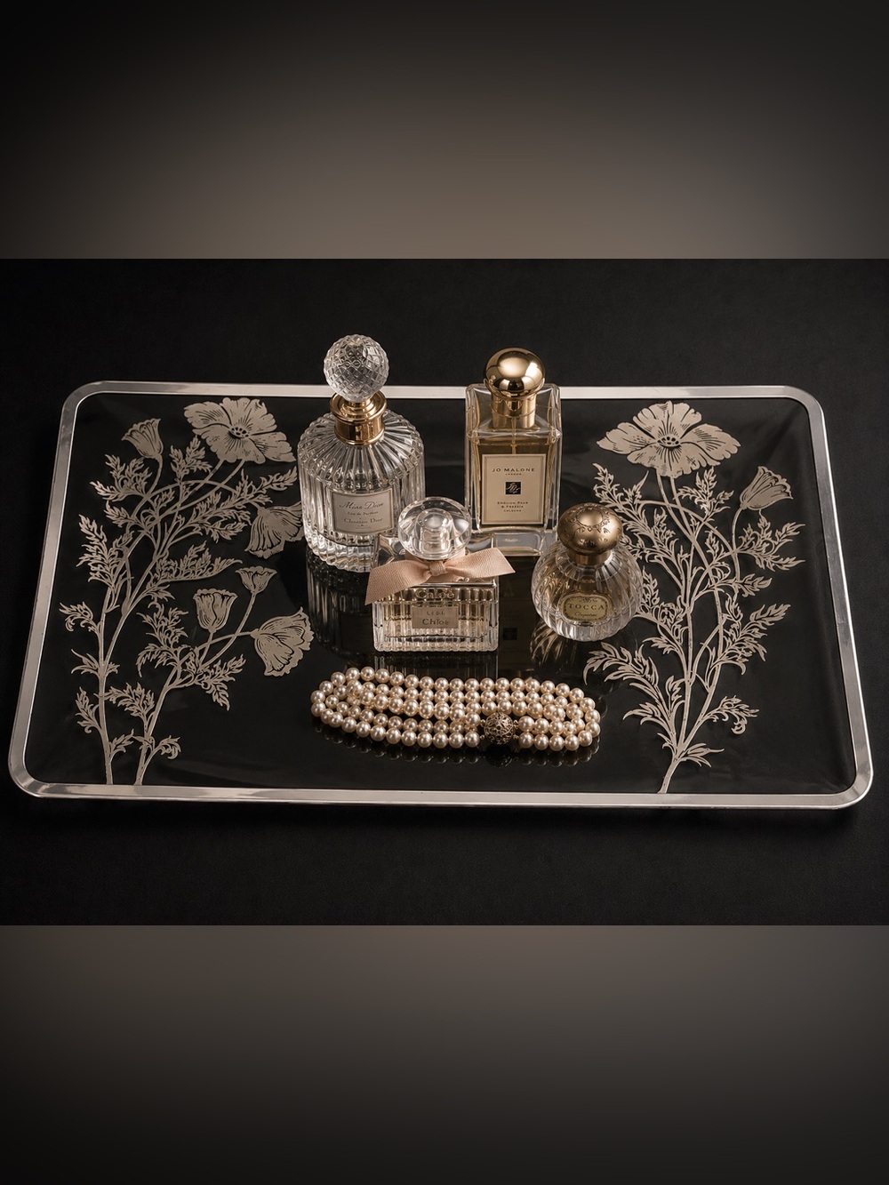 Vintage Silver City Poppy Floral Glass Vanity Tray| Cottagecore Grandmillennial